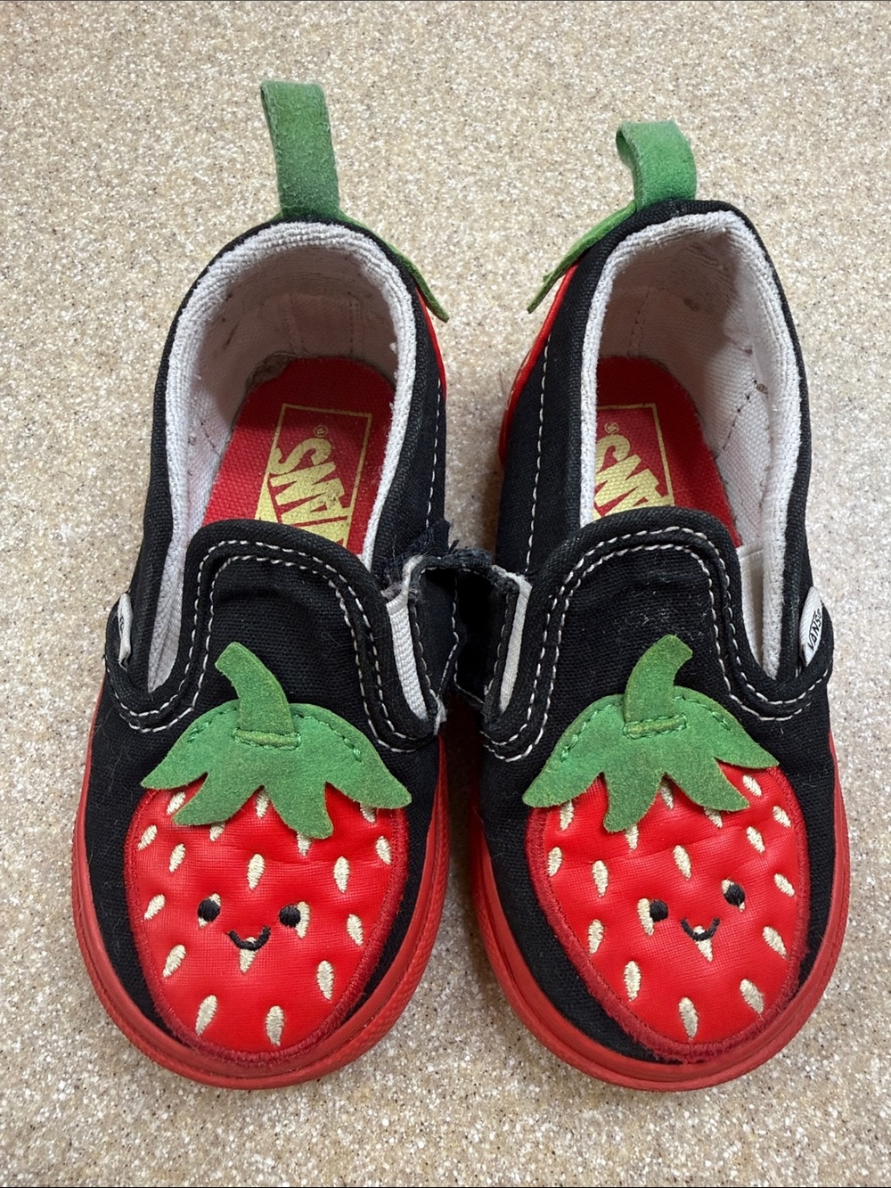 Vans Toddler Black & Red Slip-On velcro Sneakers with Red Strawberry Appliqués